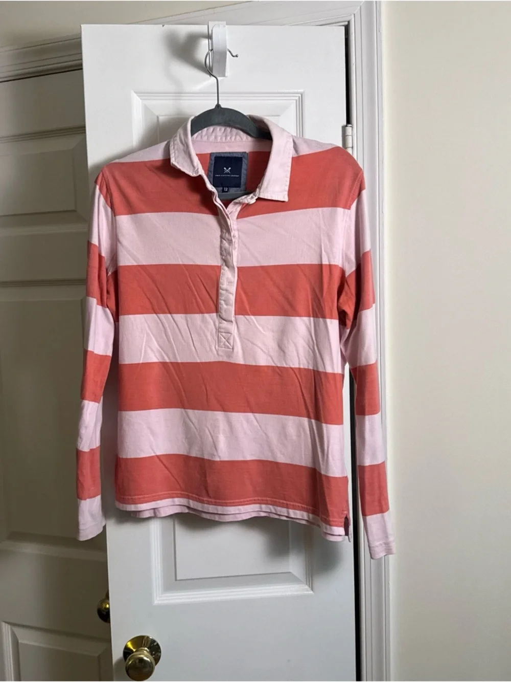 Crew Clothing Company Pink Orange Striped Rugby Shirt Preppy Coastal Top Size 12 - Picture 1 of 10